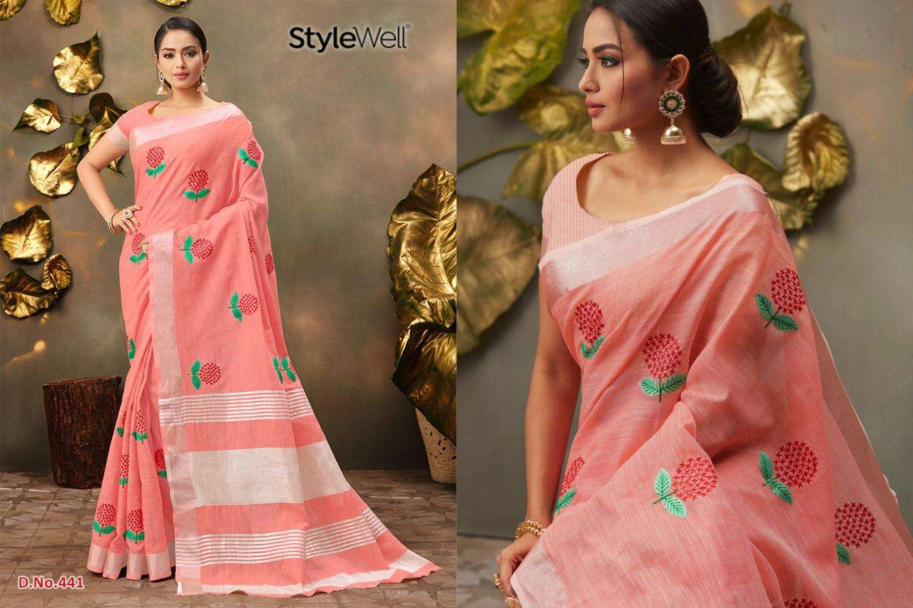 KAVYA BY STYLEWELL 441 TO 447 SERIES INDIAN TRADITIONAL WEAR COLLECTION BEAUTIFUL STYLISH FANCY COLORFUL PARTY WEAR & OCCASIONAL WEAR DYED WITH EMBROIDERY SAREES AT WHOLESALE PRICE
