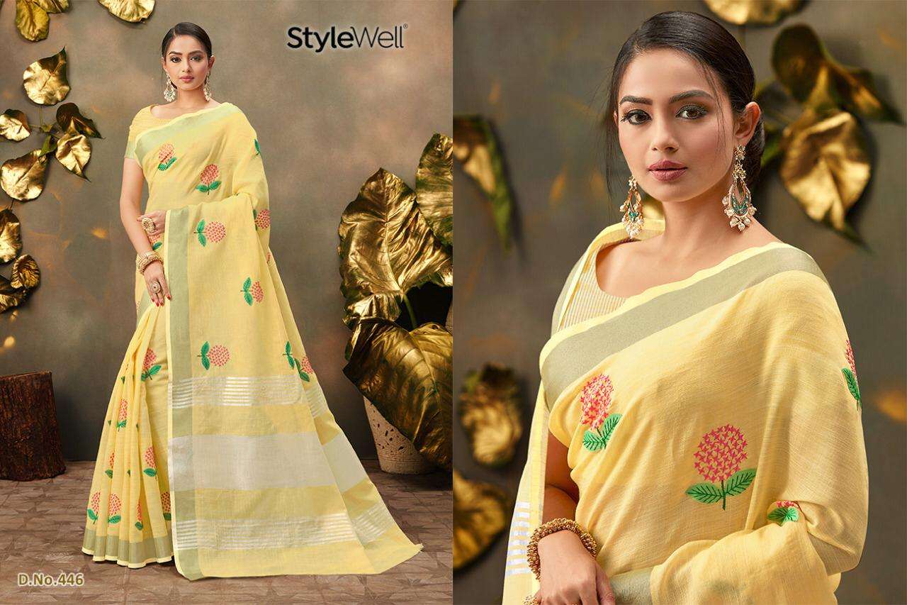 KAVYA BY STYLEWELL 441 TO 447 SERIES INDIAN TRADITIONAL WEAR COLLECTION BEAUTIFUL STYLISH FANCY COLORFUL PARTY WEAR & OCCASIONAL WEAR DYED WITH EMBROIDERY SAREES AT WHOLESALE PRICE
