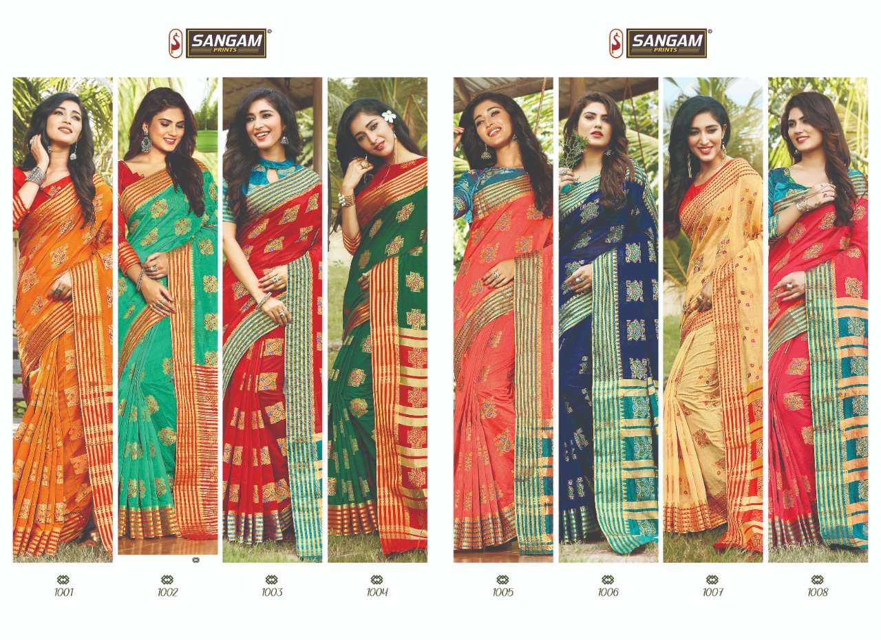 GARIMA BY SANGAM PRINTS 1001 TO 1008 SERIES INDIAN TRADITIONAL WEAR COLLECTION BEAUTIFUL STYLISH FANCY COLORFUL PARTY WEAR & OCCASIONAL WEAR COTTON SAREES AT WHOLESALE PRICE