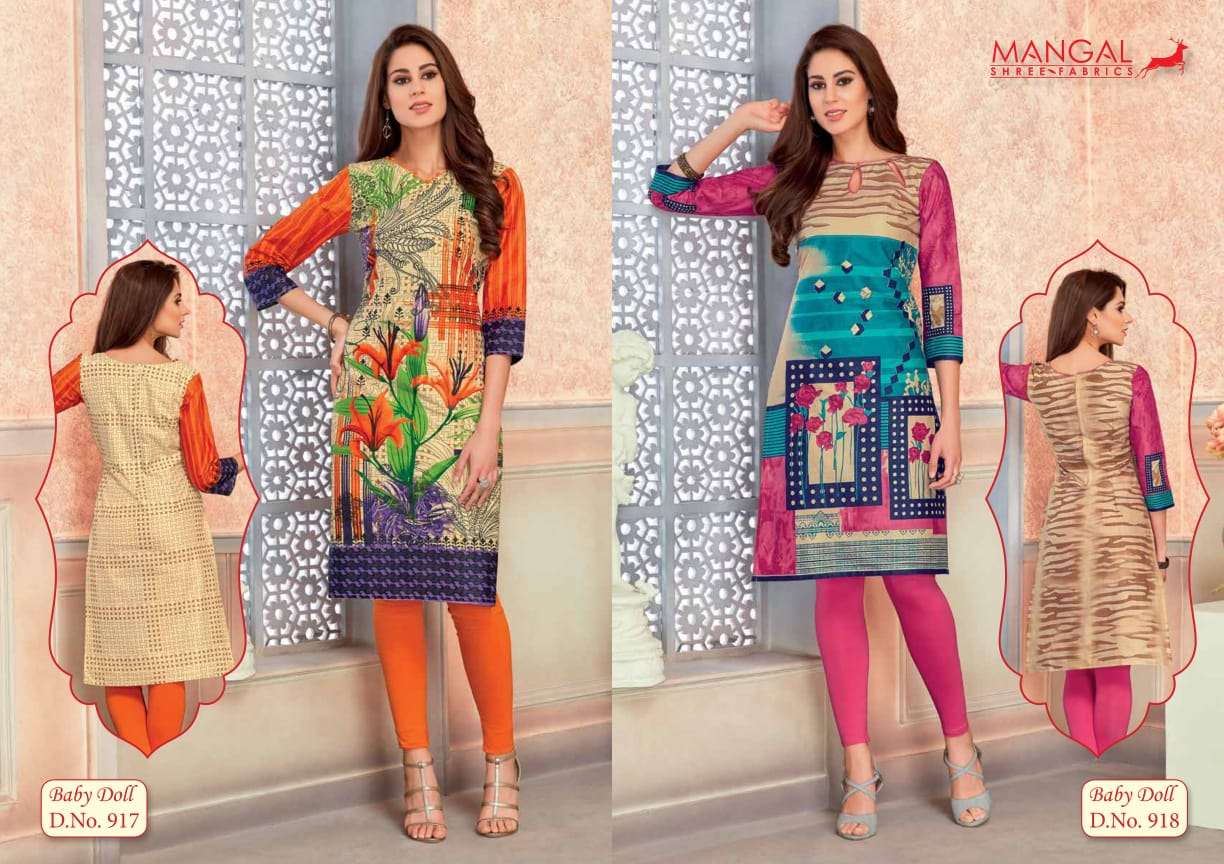 BABY DOLL VOL-9 BY MANGAL SHREE FABS 901 TO 918 SERIES BEAUTIFUL STYLISH FANCY COLORFUL CASUAL WEAR & ETHNIC WEAR & READY TO WEAR COTTON  KURTIS AT WHOLESALE PRICE