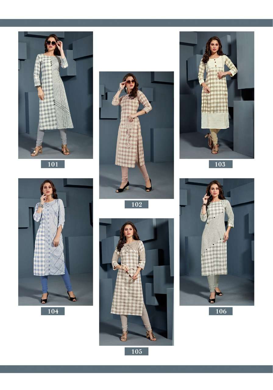 MANNAT BY MANISHA FASHION 101 TO 106 SERIES BEAUTIFUL STYLISH FANCY COLORFUL CASUAL WEAR & ETHNIC WEAR & READY TO WEAR COTTON CHECKS WITH STRIP KURTIS AT WHOLESALE PRICE
