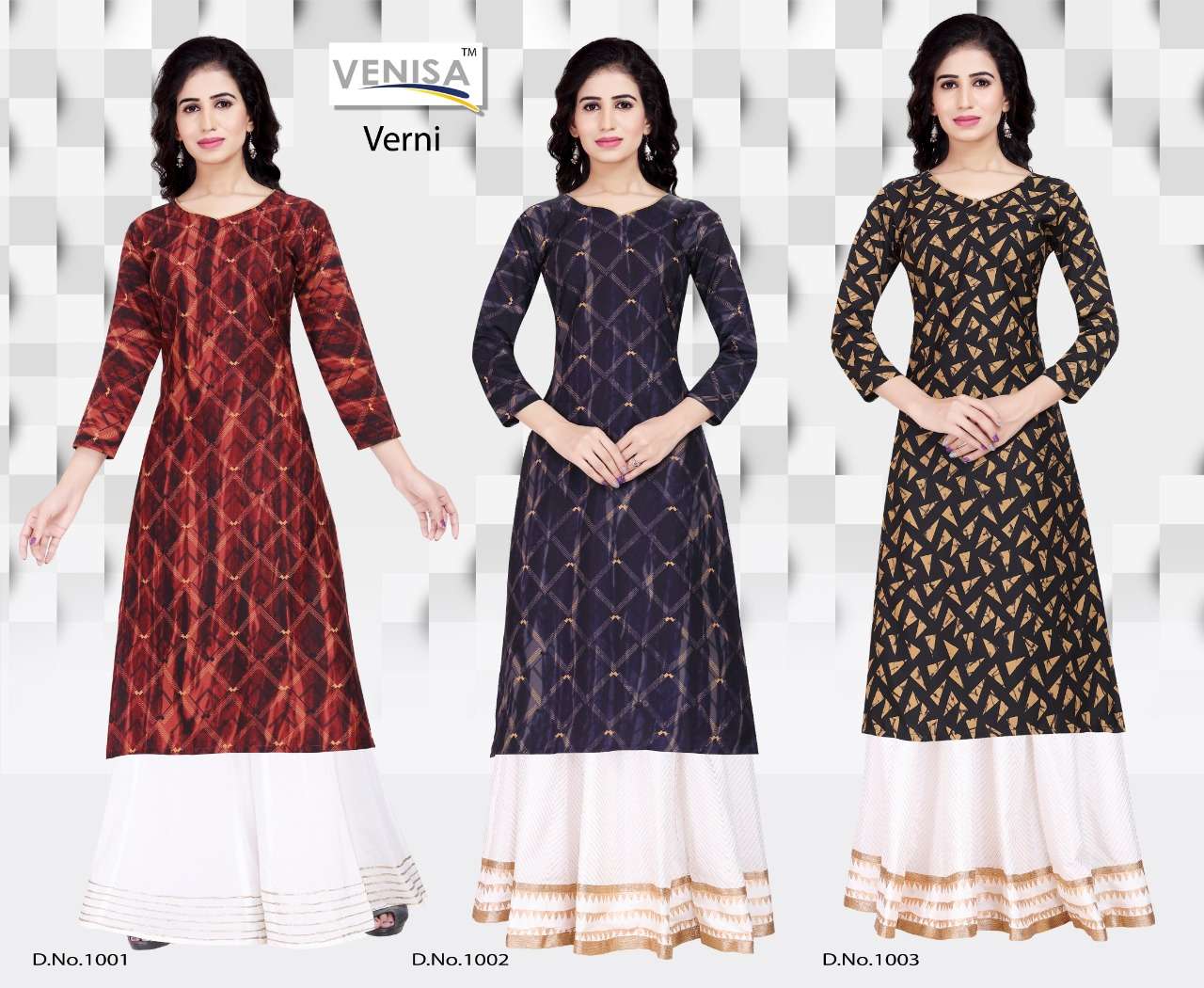 VERNI BY VENISA 1001 TO 1003 SERIES BEAUTIFUL STYLISH FANCY COLORFUL CASUAL WEAR & ETHNIC WEAR & READY TO WEAR RAYON BLENDED KURTIS AT WHOLESALE PRICE