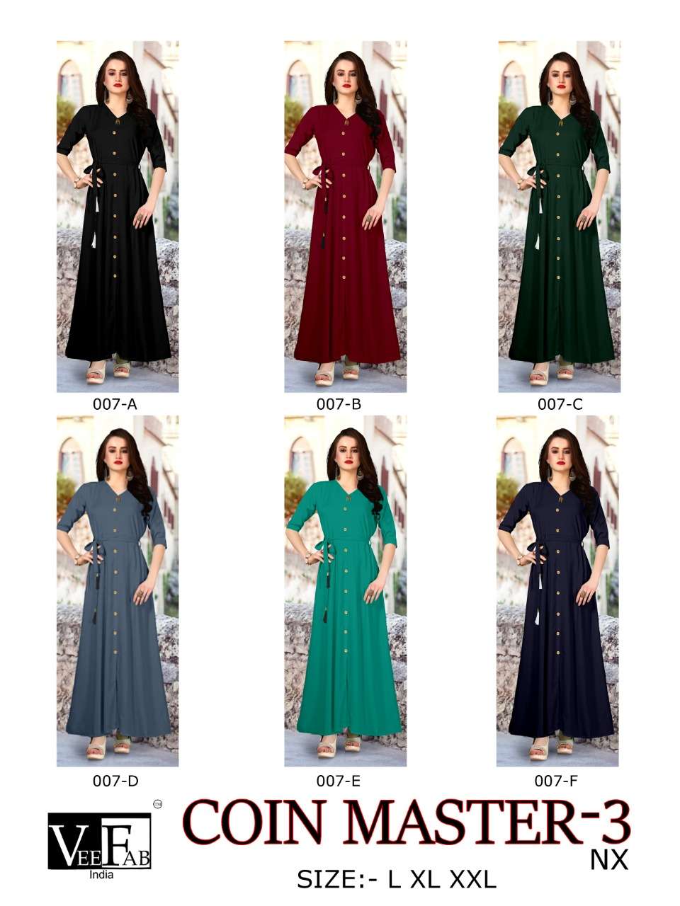 COIN MASTER VOL-3 NX BY VEE FAB 007-A TO 007-F SERIES BEAUTIFUL STYLISH FANCY COLORFUL CASUAL WEAR & ETHNIC WEAR & READY TO WEAR RAYON PRINT & DYED KURTIS AT WHOLESALE PRICE