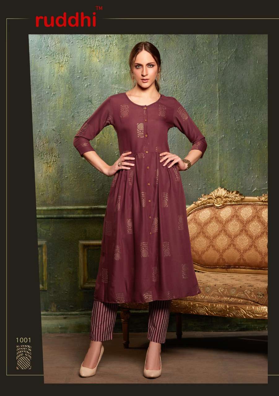 ZOHRA BY RUDDHI DRESSLINE 1001 TO 1004 SERIES BEAUTIFUL STYLISH FANCY COLORFUL CASUAL WEAR & ETHNIC WEAR & READY TO WEAR RAYON FOIL PRINTED KURTIS WITH BOTTOM AT WHOLESALE PRICE