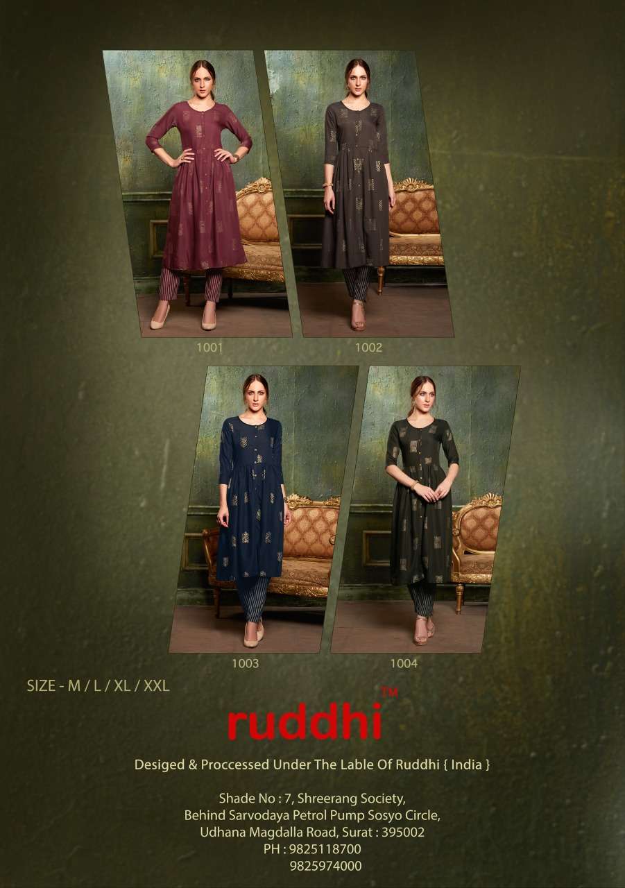 ZOHRA BY RUDDHI DRESSLINE 1001 TO 1004 SERIES BEAUTIFUL STYLISH FANCY COLORFUL CASUAL WEAR & ETHNIC WEAR & READY TO WEAR RAYON FOIL PRINTED KURTIS WITH BOTTOM AT WHOLESALE PRICE
