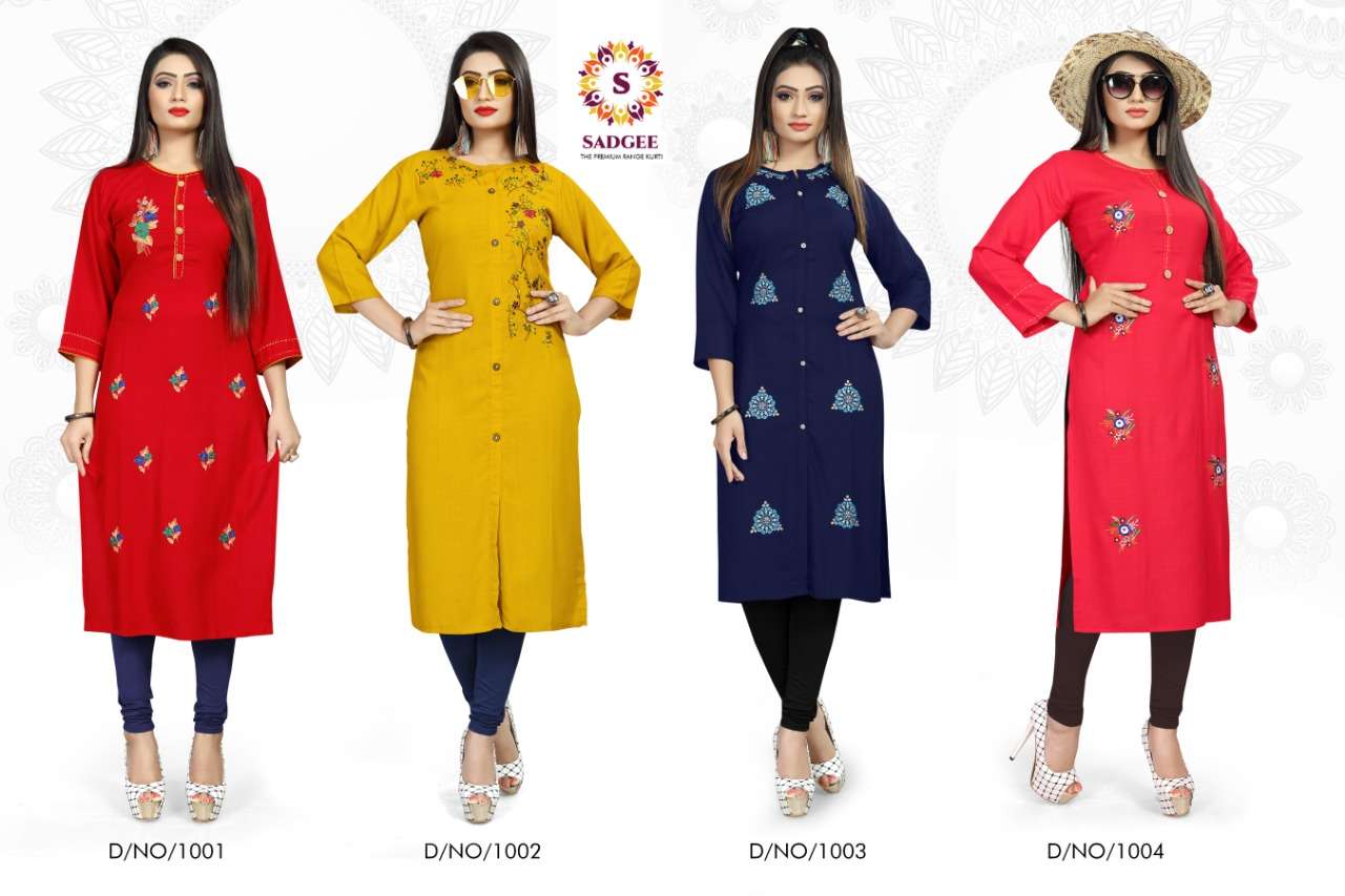 MAITRI BY SADGEE 1001 TO 1004 SERIES BEAUTIFUL STYLISH FANCY COLORFUL CASUAL WEAR & ETHNIC WEAR & READY TO WEAR RAYON SLUB EMBROIDERED KURTIS AT WHOLESALE PRICE