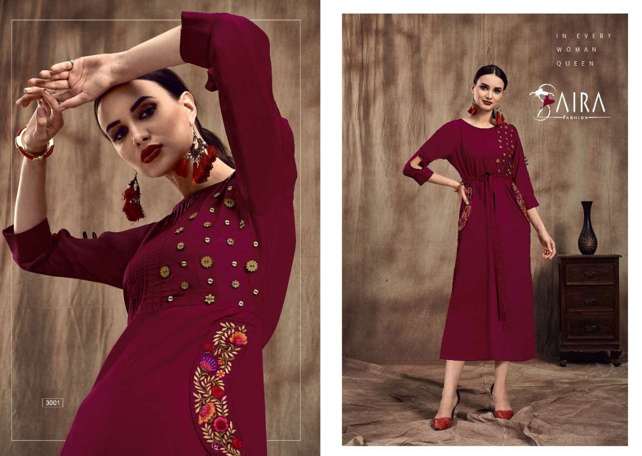 SAIRA VOL-3 BY SAIRA FASHION 3001 TO 3006 SERIES BEAUTIFUL COLORFUL STYLISH FANCY CASUAL WEAR & ETHNIC WEAR & READY TO WEAR MUSLIN EMBROIDERED KURTIS AT WHOLESALE PRICE