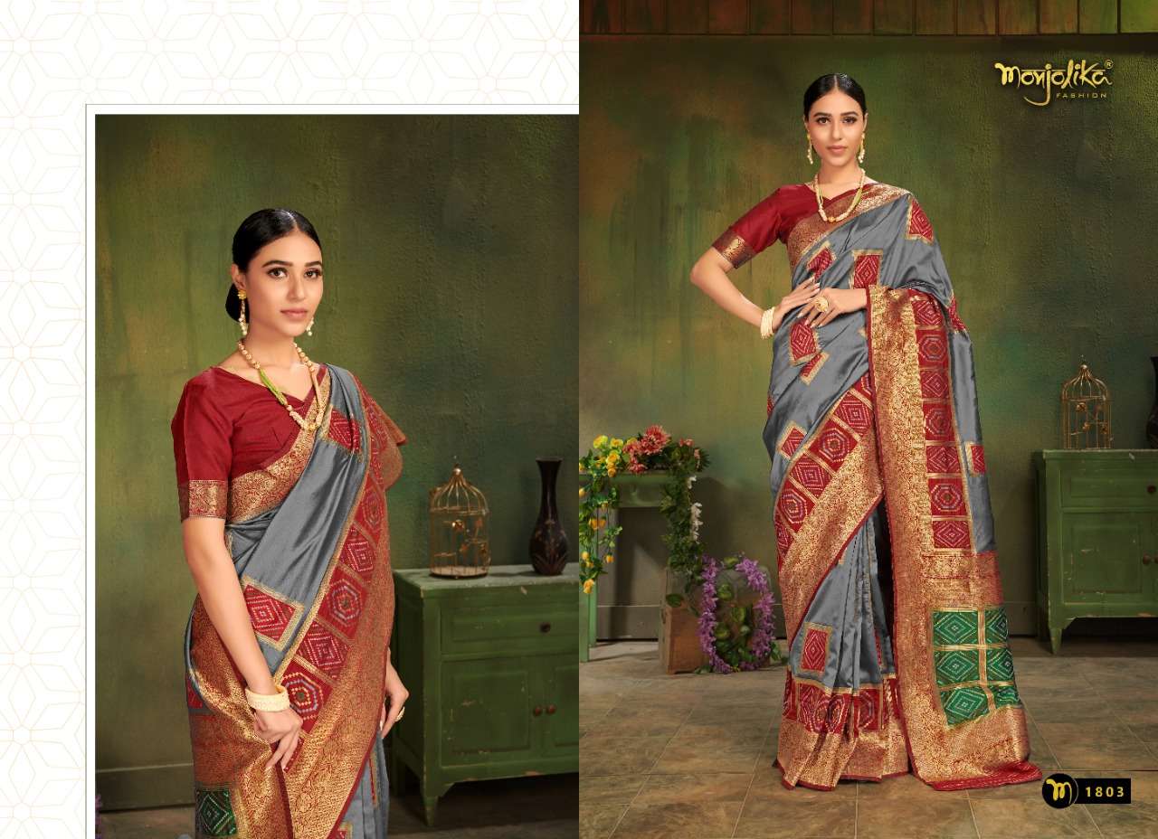 VARTIKA VOL-18 BY MONJOLIKA 1801 TO 1808 SERIES INDIAN TRADITIONAL WEAR COLLECTION BEAUTIFUL STYLISH FANCY COLORFUL PARTY WEAR & OCCASIONAL WEAR PATOLA SILK SAREES AT WHOLESALE PRICE
