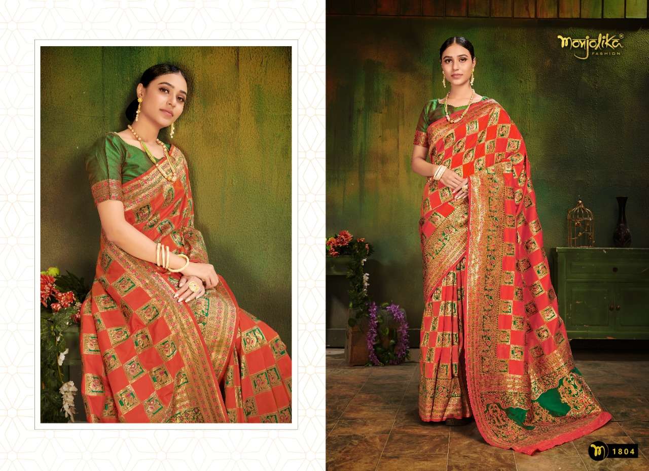 VARTIKA VOL-18 BY MONJOLIKA 1801 TO 1808 SERIES INDIAN TRADITIONAL WEAR COLLECTION BEAUTIFUL STYLISH FANCY COLORFUL PARTY WEAR & OCCASIONAL WEAR PATOLA SILK SAREES AT WHOLESALE PRICE