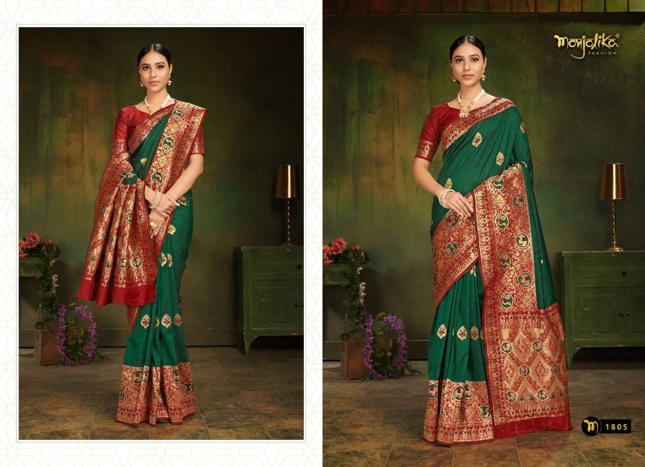 VARTIKA VOL-18 BY MONJOLIKA 1801 TO 1808 SERIES INDIAN TRADITIONAL WEAR COLLECTION BEAUTIFUL STYLISH FANCY COLORFUL PARTY WEAR & OCCASIONAL WEAR PATOLA SILK SAREES AT WHOLESALE PRICE