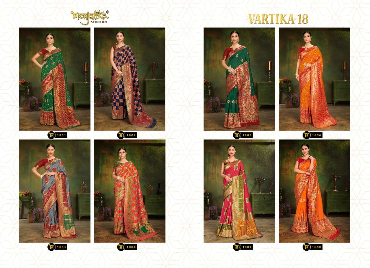 VARTIKA VOL-18 BY MONJOLIKA 1801 TO 1808 SERIES INDIAN TRADITIONAL WEAR COLLECTION BEAUTIFUL STYLISH FANCY COLORFUL PARTY WEAR & OCCASIONAL WEAR PATOLA SILK SAREES AT WHOLESALE PRICE