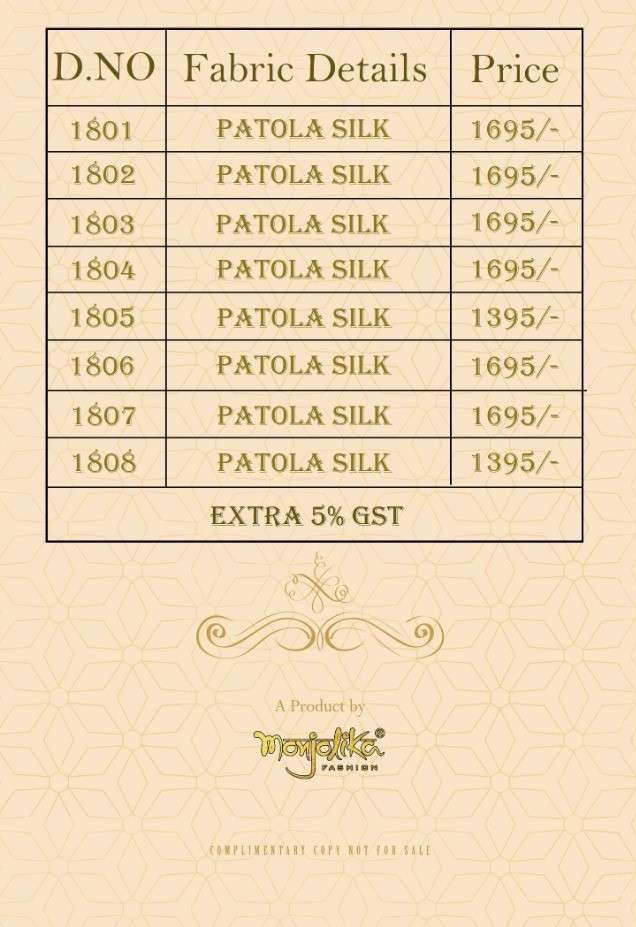 VARTIKA VOL-18 BY MONJOLIKA 1801 TO 1808 SERIES INDIAN TRADITIONAL WEAR COLLECTION BEAUTIFUL STYLISH FANCY COLORFUL PARTY WEAR & OCCASIONAL WEAR PATOLA SILK SAREES AT WHOLESALE PRICE