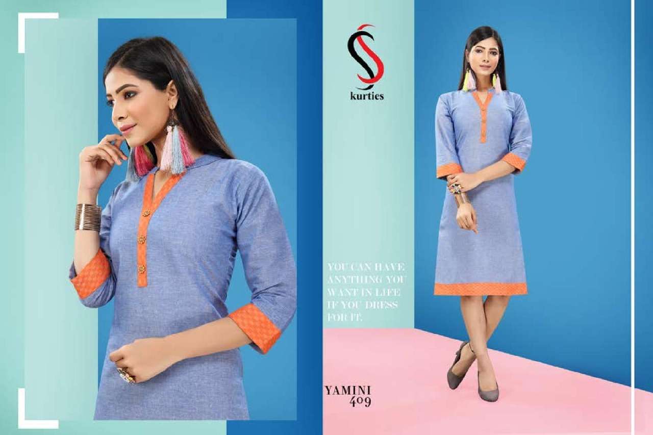 YAMINI VOL-4 BY  S S KURTIS 401 TO 410 SERIES BEAUTIFUL COLORFUL STYLISH FANCY CASUAL WEAR & ETHNIC WEAR & READY TO WEAR HANDLOOM COTTON KURTIS AT WHOLESALE PRICE