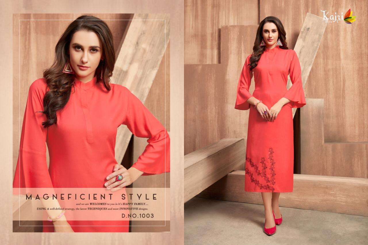 FLORENCE BY KAJRI STYLE 1001 TO 1008 SERIES BEAUTIFUL STYLISH FANCY COLORFUL CASUAL WEAR & ETHNIC WEAR & READY TO WEAR 14 KG RAYON WITH HEAVY WORK KURTIS AT WHOLESALE PRICE