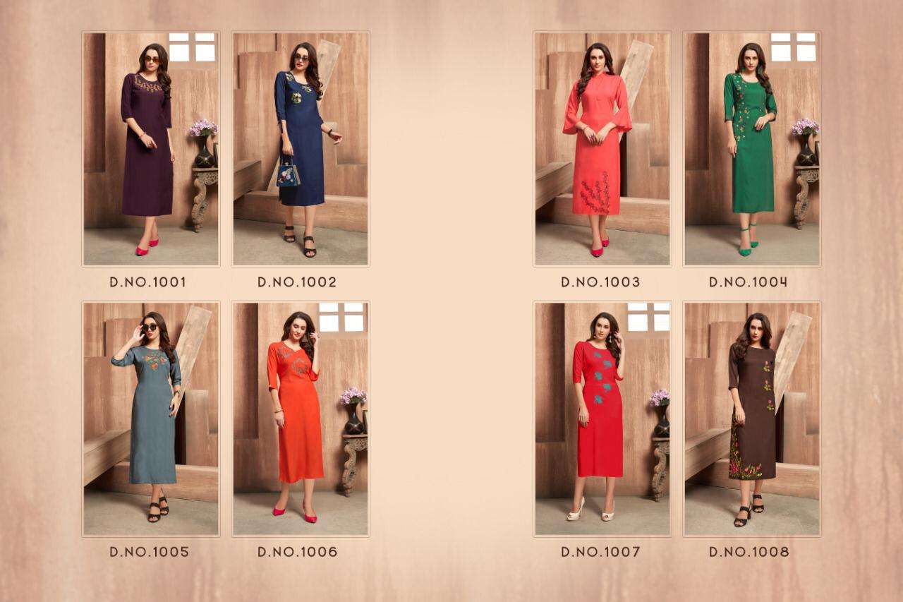 FLORENCE BY KAJRI STYLE 1001 TO 1008 SERIES BEAUTIFUL STYLISH FANCY COLORFUL CASUAL WEAR & ETHNIC WEAR & READY TO WEAR 14 KG RAYON WITH HEAVY WORK KURTIS AT WHOLESALE PRICE