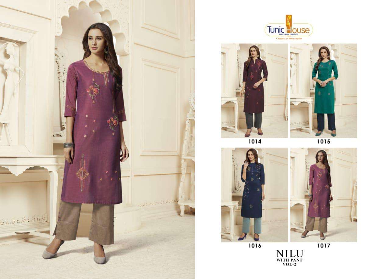 NILU WITH PANTS VOL-2 BY TUNIC HOUSE 1014 TO 1017 SERIES BEAUTIFUL COLORFUL STYLISH FANCY CASUAL WEAR & ETHNIC WEAR & READY TO WEAR SOFT SILK WITH INNER KURTIS AT WHOLESALE PRICE