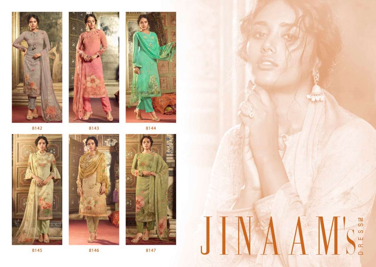 SHABAB BY JINAAM DRESSES 8142 TO 8147 SERIES BEAUTIFUL SUITS STYLISH FANCY COLORFUL PARTY WEAR & ETHNIC WEAR GEORGETTE PRINTED WITH EMBROIDERY DRESSES AT WHOLESALE PRICE