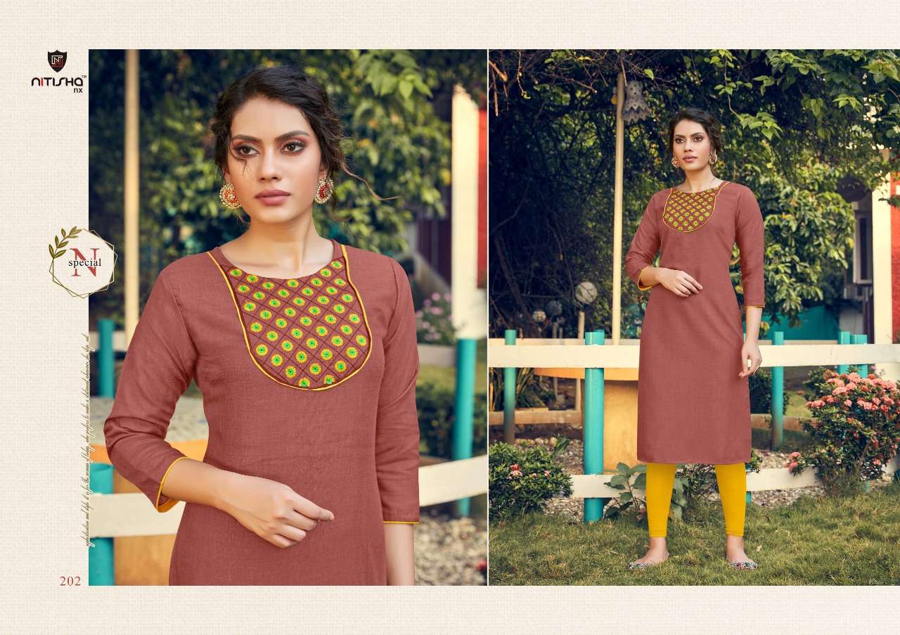 FOGG VOL-2 BY NITISHA NX 201 TO 209 SERIES BEAUTIFUL STYLISH COLORFUL FANCY PARTY WEAR & ETHNIC WEAR & READY TO WEAR HEAVY COTTON SLUB WITH EMBROIDERY KURTIS AT WHOLESALE PRICE