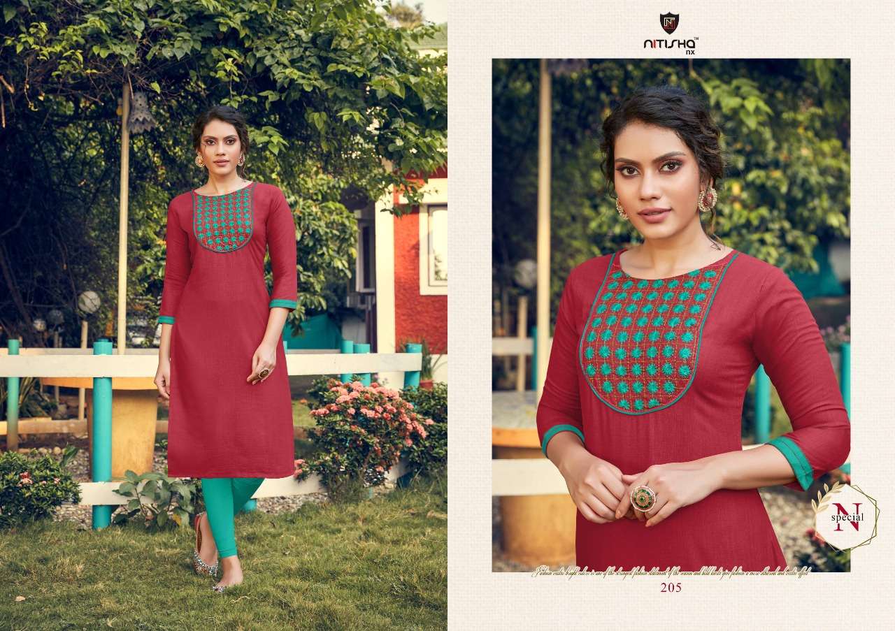 FOGG VOL-2 BY NITISHA NX 201 TO 209 SERIES BEAUTIFUL STYLISH COLORFUL FANCY PARTY WEAR & ETHNIC WEAR & READY TO WEAR HEAVY COTTON SLUB WITH EMBROIDERY KURTIS AT WHOLESALE PRICE