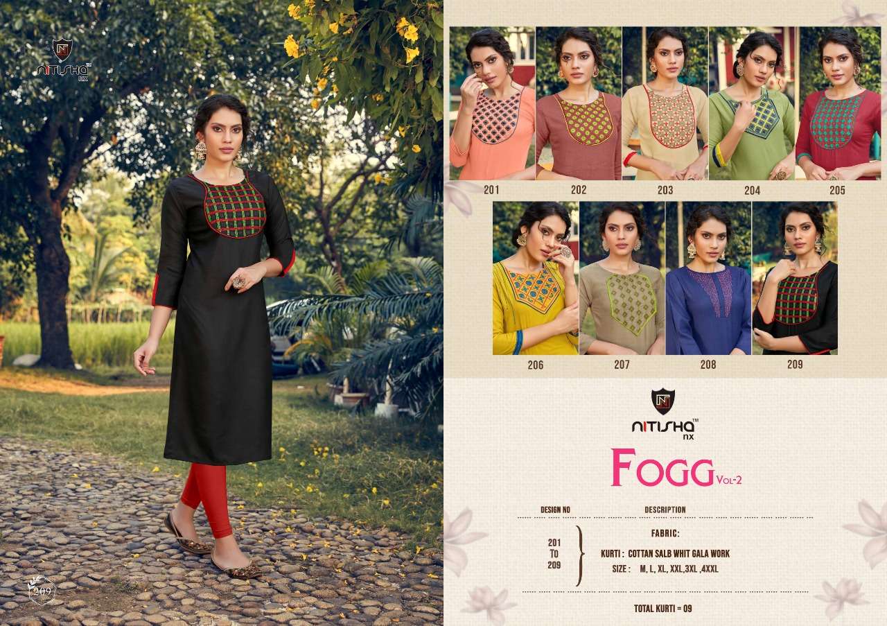 FOGG VOL-2 BY NITISHA NX 201 TO 209 SERIES BEAUTIFUL STYLISH COLORFUL FANCY PARTY WEAR & ETHNIC WEAR & READY TO WEAR HEAVY COTTON SLUB WITH EMBROIDERY KURTIS AT WHOLESALE PRICE