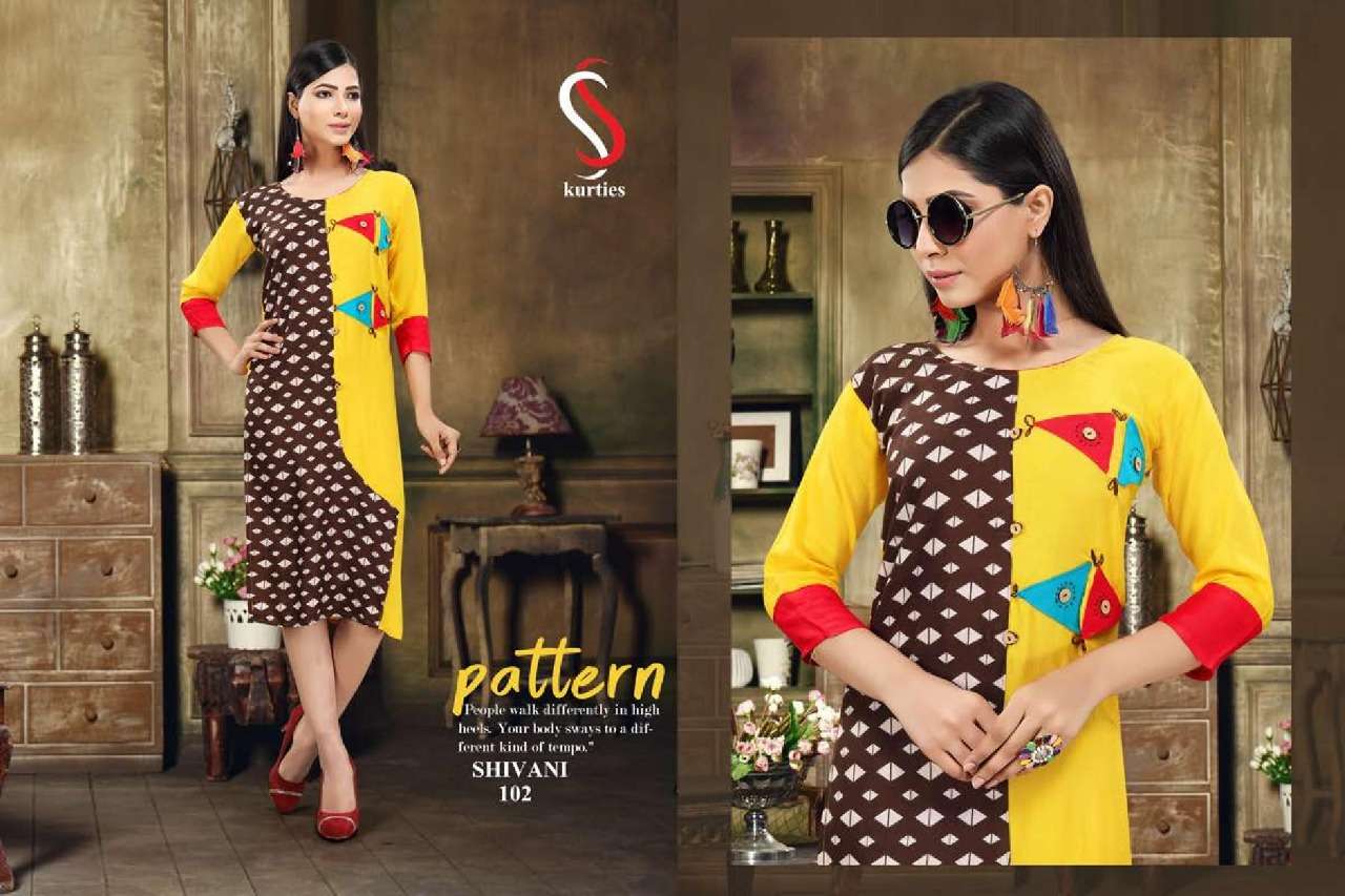 SHIVANI BY S S KURTIS 101 TO 110 SERIES BEAUTIFUL STYLISH COLORFUL FANCY PARTY WEAR & ETHNIC WEAR & READY TO WEAR RAYON PRINTED KURTIS AT WHOLESALE PRICE