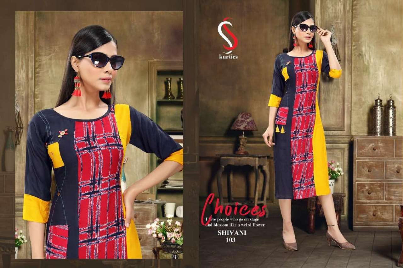 SHIVANI BY S S KURTIS 101 TO 110 SERIES BEAUTIFUL STYLISH COLORFUL FANCY PARTY WEAR & ETHNIC WEAR & READY TO WEAR RAYON PRINTED KURTIS AT WHOLESALE PRICE