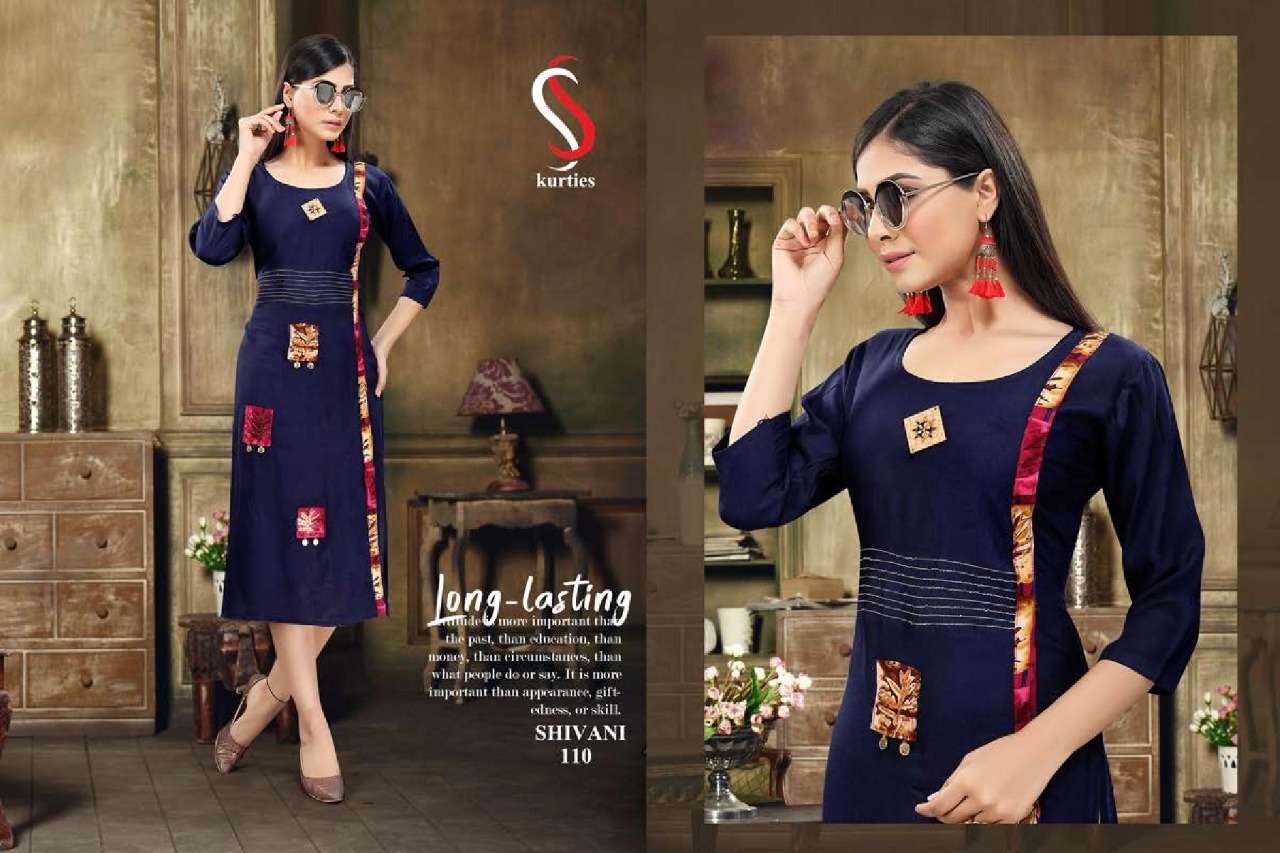 SHIVANI BY S S KURTIS 101 TO 110 SERIES BEAUTIFUL STYLISH COLORFUL FANCY PARTY WEAR & ETHNIC WEAR & READY TO WEAR RAYON PRINTED KURTIS AT WHOLESALE PRICE