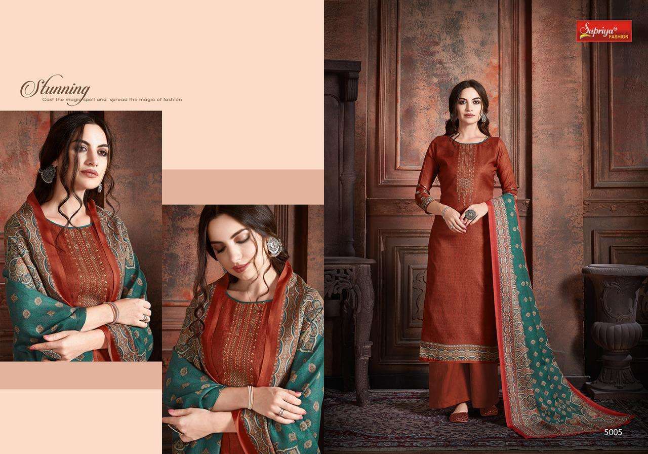 SILKINA BY SUPRIYA FASHION 5001 TO 5007 SERIES DESIGNER SUITS BEAUTIFUL STYLISH FANCY COLORFUL PARTY WEAR & OCCASIONAL WEAR PURE PASHMINA DIGITAL PRINTED WITH  EMBROIDERY DRESSES AT WHOLESALE PRICE