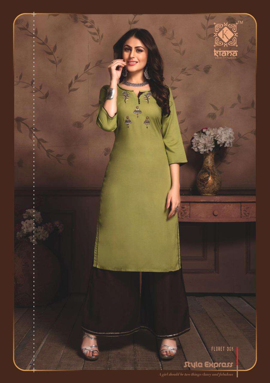 FLORET VOL-3 BY KIANA 301 TO 308 SERIES BEAUTIFUL STYLISH FANCY COLORFUL CASUAL WEAR & ETHNIC WEAR RAYON EMBROIDERED KURTIS WITH BOTTOM AT WHOLESALE PRICE