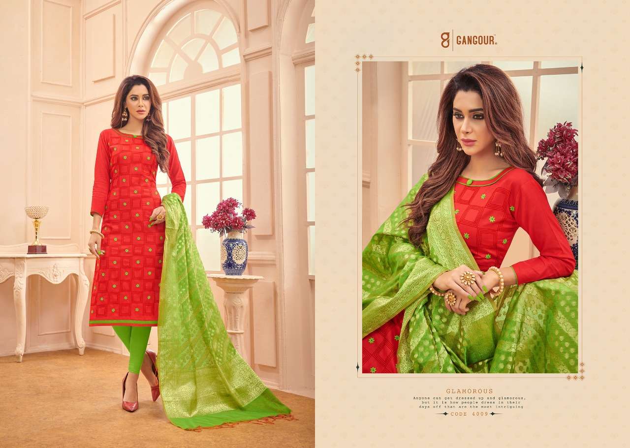 CHUNRI VOL-4 BY GANGOUR 4001 TO 4012 SERIES DESIGNER SUITS COLLECTION BEAUTIFUL STYLISH FANCY COLORFUL PARTY WEAR & OCCASIONAL WEAR  GLACE COTTON DRESSES AT WHOLESALE PRICE