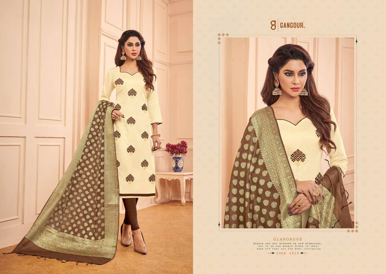 CHUNRI VOL-4 BY GANGOUR 4001 TO 4012 SERIES DESIGNER SUITS COLLECTION BEAUTIFUL STYLISH FANCY COLORFUL PARTY WEAR & OCCASIONAL WEAR  GLACE COTTON DRESSES AT WHOLESALE PRICE