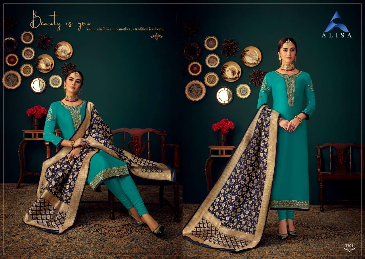 GUL BANARAS BY ALISA 3301 TO 3306 SERIES DESIGNER SUITS COLLECTION BEAUTIFUL STYLISH FANCY COLORFUL PARTY WEAR & OCCASIONAL WEAR JAM SATIN COTTON WITH HEAVY EMBROIDERY DRESSES AT WHOLESALE PRICE