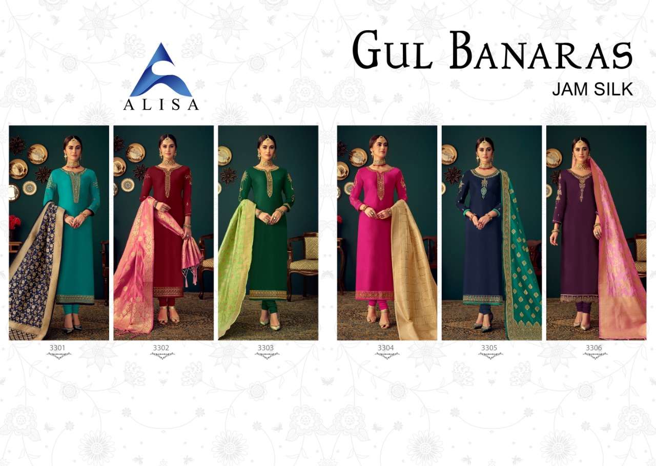 GUL BANARAS BY ALISA 3301 TO 3306 SERIES DESIGNER SUITS COLLECTION BEAUTIFUL STYLISH FANCY COLORFUL PARTY WEAR & OCCASIONAL WEAR JAM SATIN COTTON WITH HEAVY EMBROIDERY DRESSES AT WHOLESALE PRICE