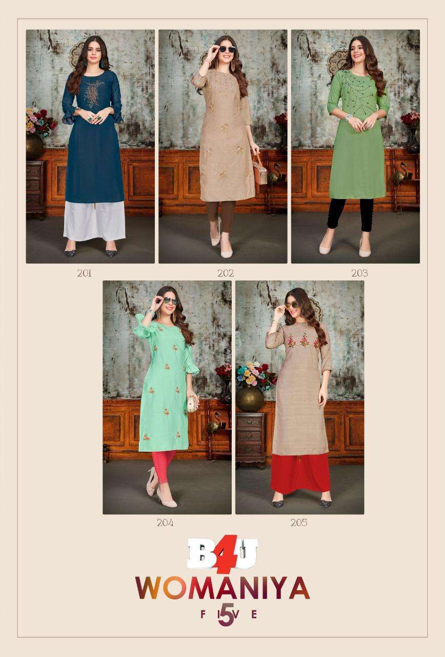 WOMANIYA VOL-5 BY B4U FASHION 801 TO 809 SERIES DESIGNER STYLISH FANCY COLORFUL BEAUTIFUL PARTY WEAR & ETHNIC WEAR COLLECTION FANCY HEAVY KURTIS AT WHOLESALE PRICE