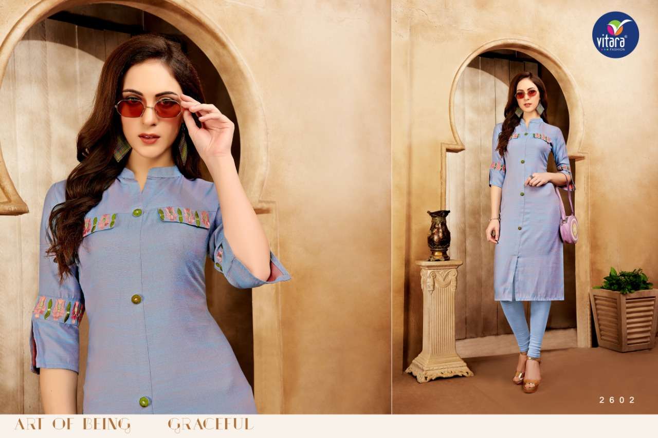 SELTOS BY VITARA 2601 TO 2606 SERIES BEAUTIFUL STYLISH FANCY COLORFUL CASUAL WEAR & ETHNIC WEAR & READY TO WEAR TWO TONE SLUB KURTIS AT WHOLESALE PRICE