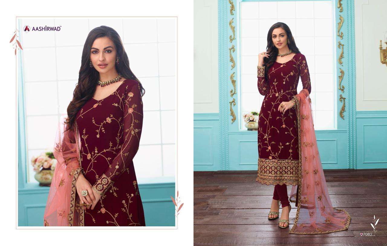 SAJINI BY AASHIRWAD CREATION 7082 TO 7087 SERIES DESIGNER SHARARA SUITS COLLECTION BEAUTIFUL STYLISH FANCY COLORFUL PARTY WEAR & OCCASIONAL WEAR REAL GEORGETTE WITH EMBROIDERY DRESSES AT WHOLESALE PRICE