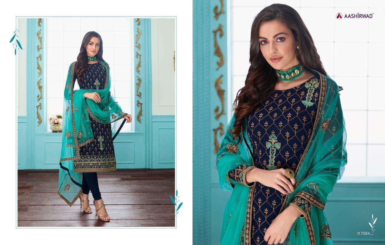 SAJINI BY AASHIRWAD CREATION 7082 TO 7087 SERIES DESIGNER SHARARA SUITS COLLECTION BEAUTIFUL STYLISH FANCY COLORFUL PARTY WEAR & OCCASIONAL WEAR REAL GEORGETTE WITH EMBROIDERY DRESSES AT WHOLESALE PRICE
