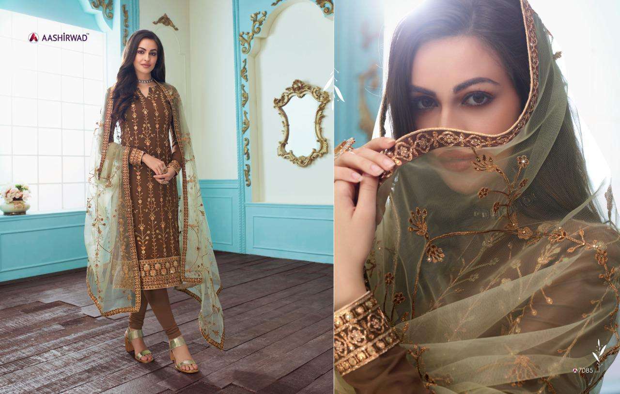 SAJINI BY AASHIRWAD CREATION 7082 TO 7087 SERIES DESIGNER SHARARA SUITS COLLECTION BEAUTIFUL STYLISH FANCY COLORFUL PARTY WEAR & OCCASIONAL WEAR REAL GEORGETTE WITH EMBROIDERY DRESSES AT WHOLESALE PRICE