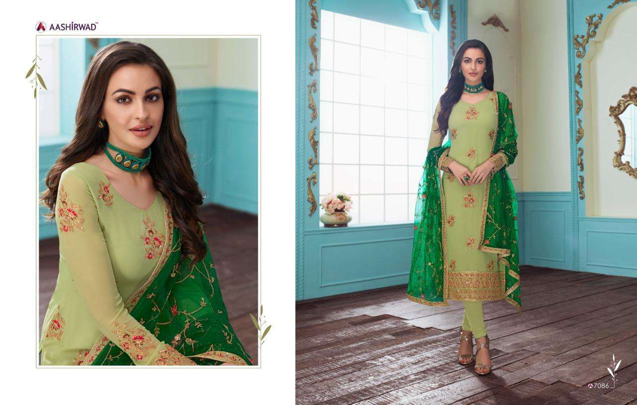 SAJINI BY AASHIRWAD CREATION 7082 TO 7087 SERIES DESIGNER SHARARA SUITS COLLECTION BEAUTIFUL STYLISH FANCY COLORFUL PARTY WEAR & OCCASIONAL WEAR REAL GEORGETTE WITH EMBROIDERY DRESSES AT WHOLESALE PRICE