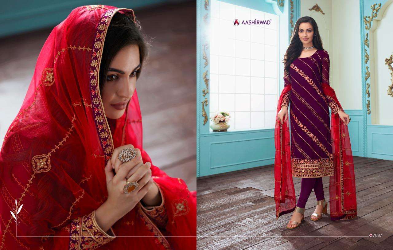 SAJINI BY AASHIRWAD CREATION 7082 TO 7087 SERIES DESIGNER SHARARA SUITS COLLECTION BEAUTIFUL STYLISH FANCY COLORFUL PARTY WEAR & OCCASIONAL WEAR REAL GEORGETTE WITH EMBROIDERY DRESSES AT WHOLESALE PRICE