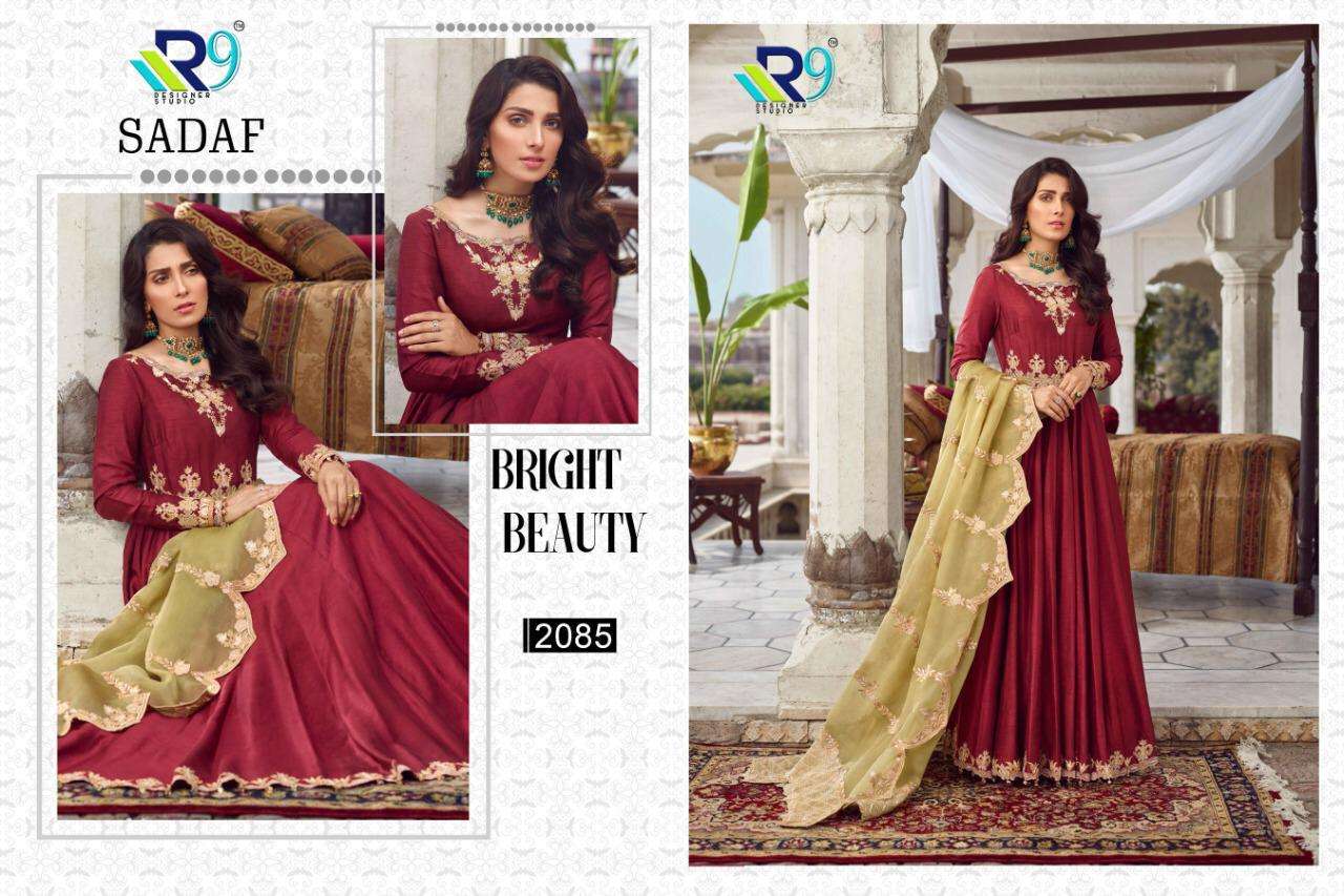 SADAF BY R9 2083 TO 2087 SERIES BEAUTIFUL ANARKALI SUITS STYLISH FANCY COLORFUL PARTY WEAR & ETHNIC WEAR FAUX GEORGETTE / SILK SATIN EMBROIDERED DRESSES AT WHOLESALE PRICE