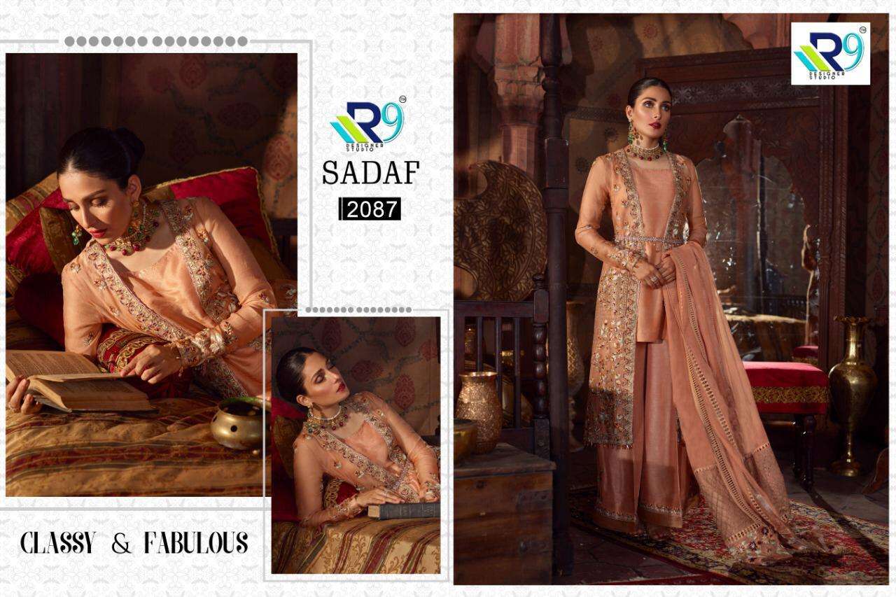 SADAF BY R9 2083 TO 2087 SERIES BEAUTIFUL ANARKALI SUITS STYLISH FANCY COLORFUL PARTY WEAR & ETHNIC WEAR FAUX GEORGETTE / SILK SATIN EMBROIDERED DRESSES AT WHOLESALE PRICE