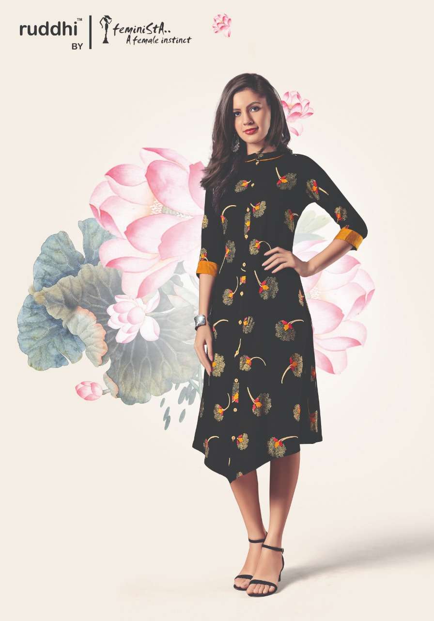 BLACK MAGIC BY FEMINISTA 1161 TO 1166 SERIES BEAUTIFUL STYLISH COLORFUL FANCY PARTY WEAR & ETHNIC WEAR & READY TO WEAR RAYON PRINT WITH FOIL KURTIS AT WHOLESALE PRICE