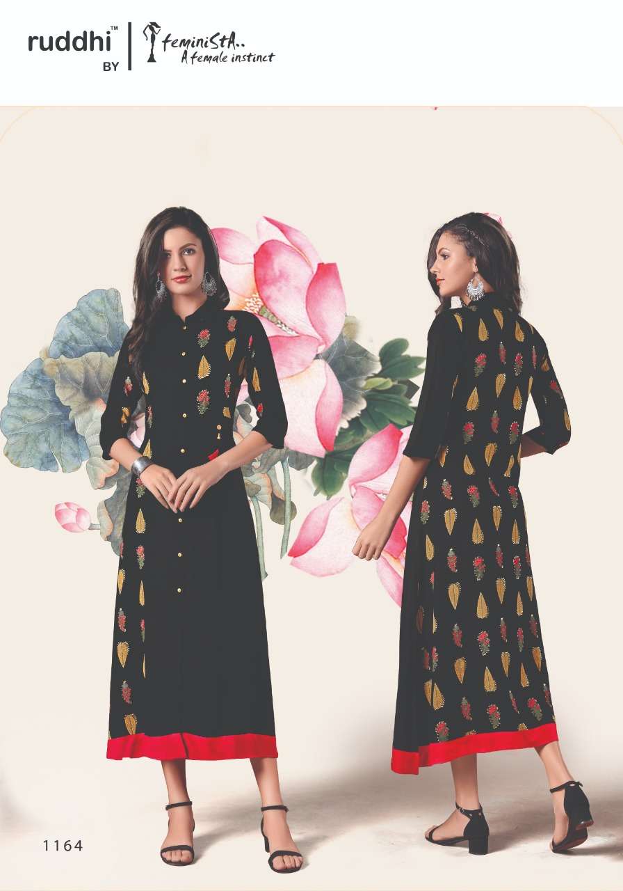 BLACK MAGIC BY FEMINISTA 1161 TO 1166 SERIES BEAUTIFUL STYLISH COLORFUL FANCY PARTY WEAR & ETHNIC WEAR & READY TO WEAR RAYON PRINT WITH FOIL KURTIS AT WHOLESALE PRICE