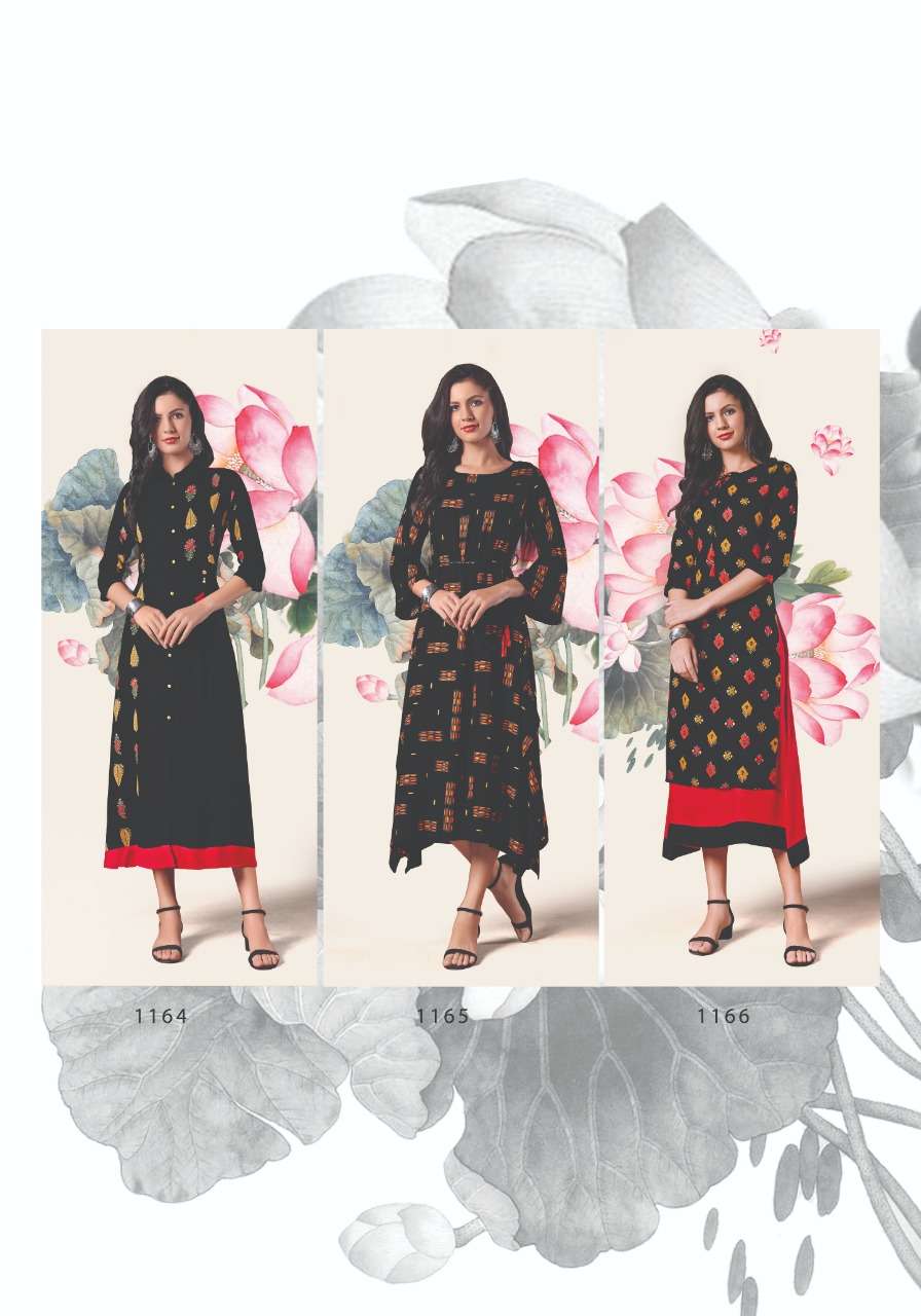BLACK MAGIC BY FEMINISTA 1161 TO 1166 SERIES BEAUTIFUL STYLISH COLORFUL FANCY PARTY WEAR & ETHNIC WEAR & READY TO WEAR RAYON PRINT WITH FOIL KURTIS AT WHOLESALE PRICE