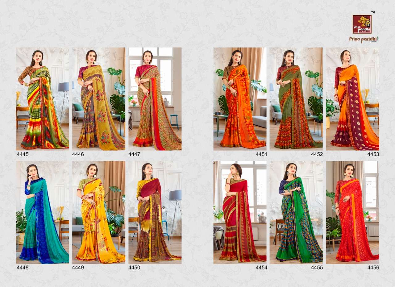 RAMAYAN VOL-2 BY PRIYA PARIDHI 4445 TO 4456 SERIES INDIAN TRADITIONAL WEAR COLLECTION BEAUTIFUL STYLISH FANCY COLORFUL PARTY WEAR & OCCASIONAL WEAR MAKHMALI GEORGETTE PRINTED SAREES AT WHOLESALE PRICE