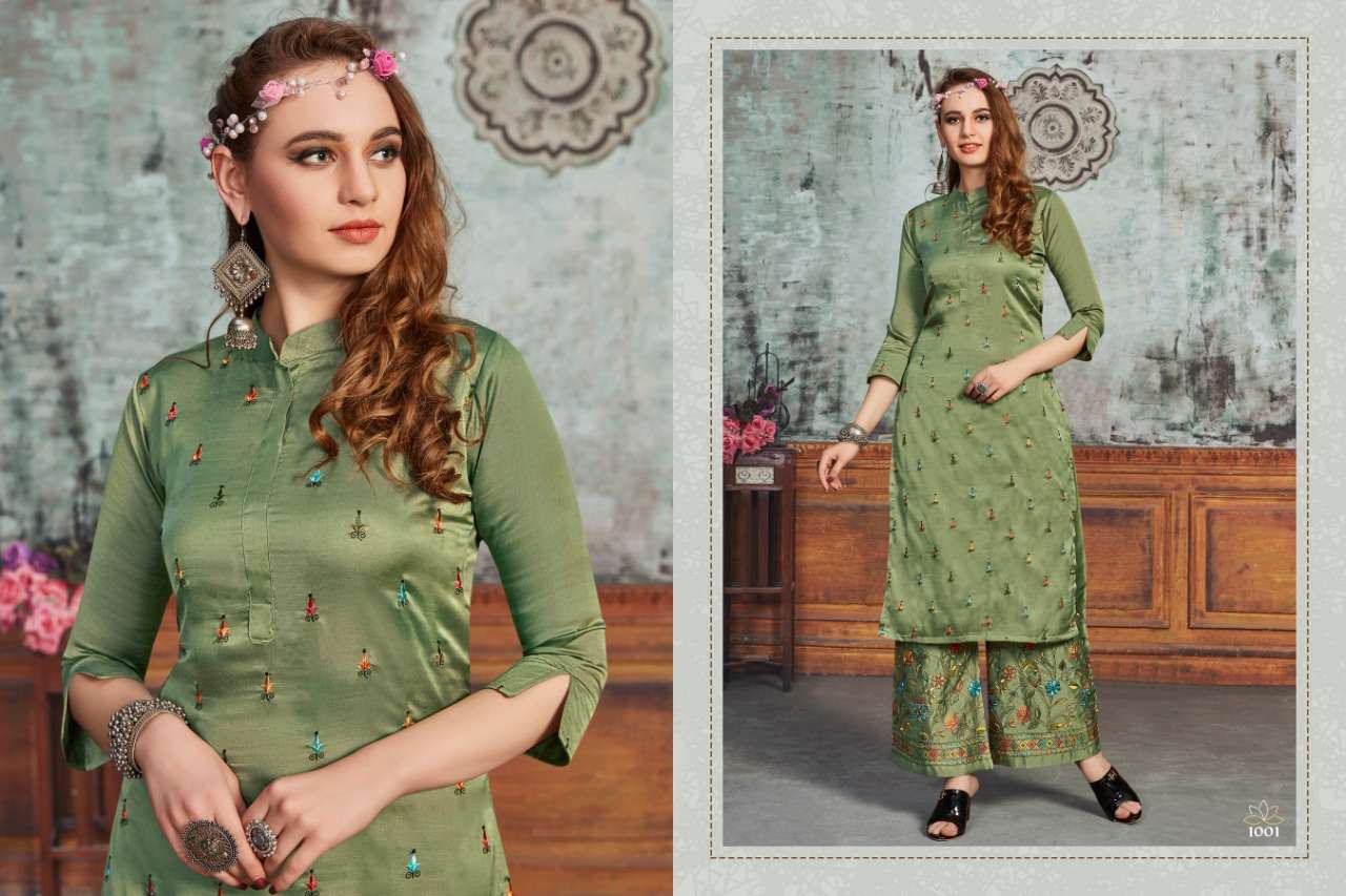 ELISA BY GALLBERRY 1001 TO 1004 SERIES BEAUTIFUL STYLISH FANCY COLORFUL CASUAL WEAR & ETHNIC WEAR SILK WITH KATHA WORK KURTIS WITH BOTTOM AT WHOLESALE PRICE