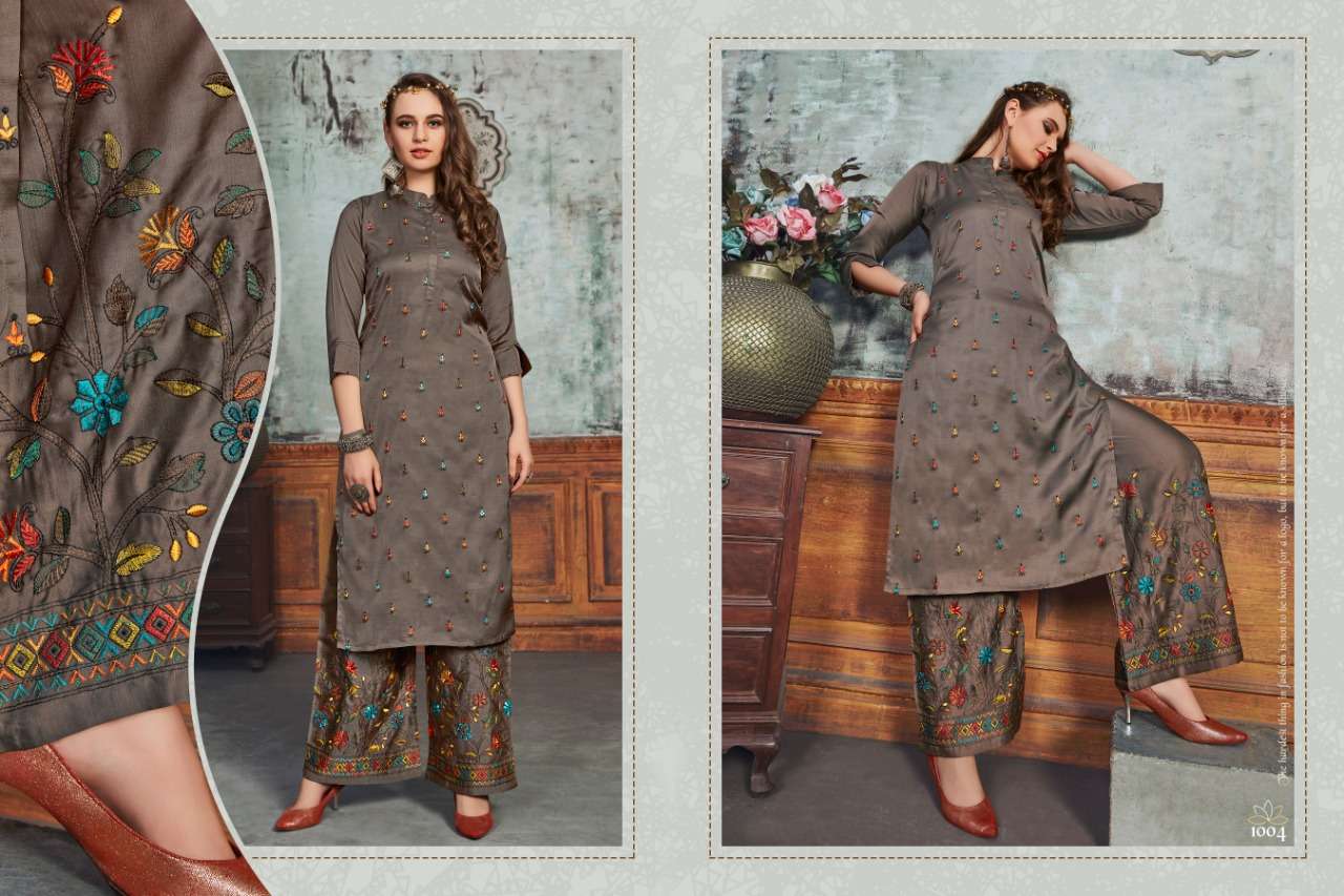 ELISA BY GALLBERRY 1001 TO 1004 SERIES BEAUTIFUL STYLISH FANCY COLORFUL CASUAL WEAR & ETHNIC WEAR SILK WITH KATHA WORK KURTIS WITH BOTTOM AT WHOLESALE PRICE