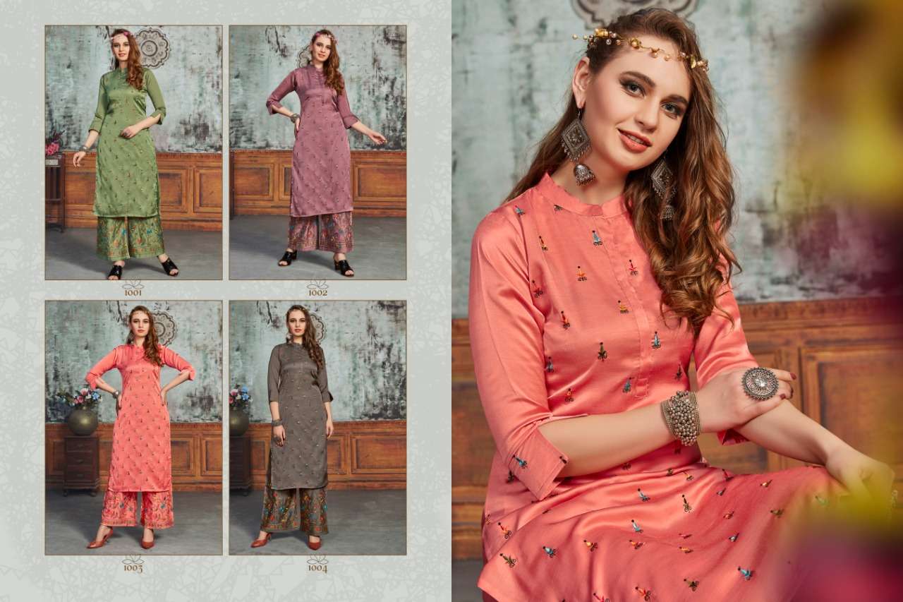 ELISA BY GALLBERRY 1001 TO 1004 SERIES BEAUTIFUL STYLISH FANCY COLORFUL CASUAL WEAR & ETHNIC WEAR SILK WITH KATHA WORK KURTIS WITH BOTTOM AT WHOLESALE PRICE