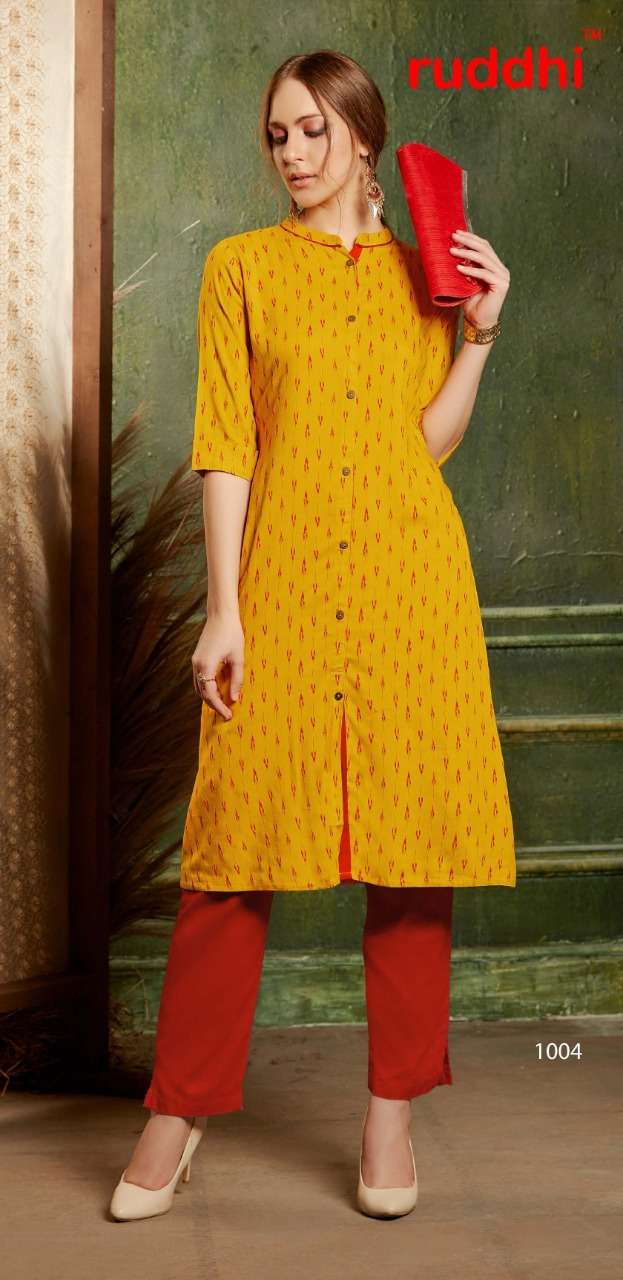 IKKAT 1001 SERIES BY RUDDHI DRESSLINE 1001 TO 1006 SERIES STYLISH FANCY BEAUTIFUL COLORFUL CASUAL WEAR & ETHNIC WEAR RAYON PRINTED KURTIS AT WHOLESALE PRICE